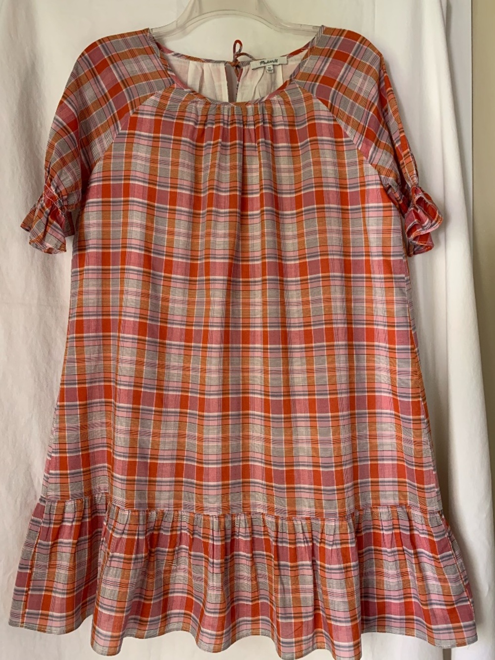 Madewell plaid ruffle sleeve pop-over mini dress